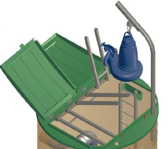 Vue poste de relevage polyester avec barreaux antichute potence et palan